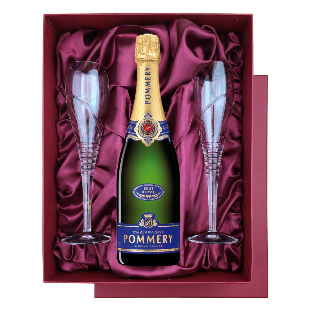 Pommery Brut Royal Champagne 75cl in Red Luxury Presentation Set With Flutes